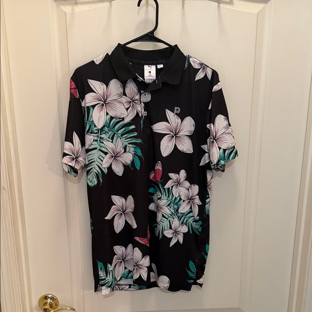 Puma Palm Tree Crew Black Floral Golf Polo